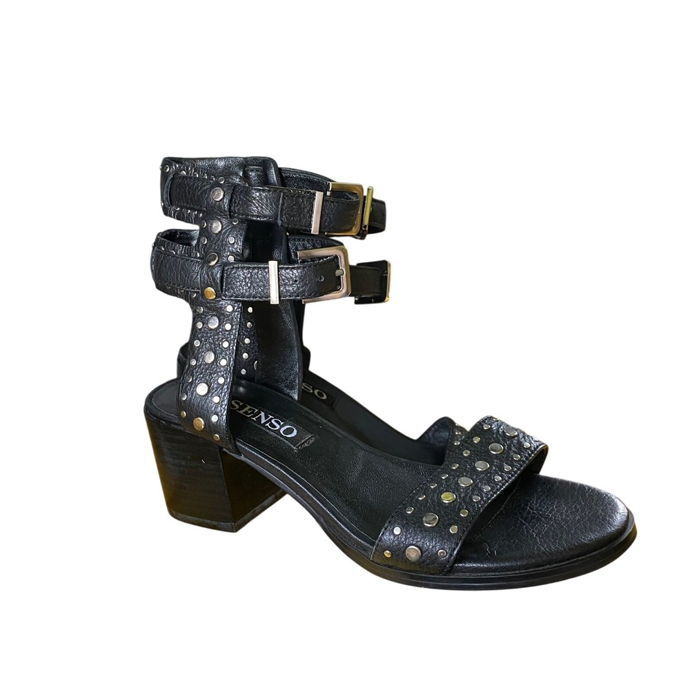 Senso Jillie Leather Studded Gladiator Block Heel Black Sandals‎ Buckle 5 Boho